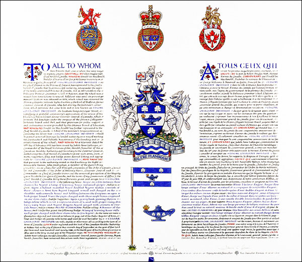 Letters patent granting heraldic emblems to Lisgar Collegiate Institute