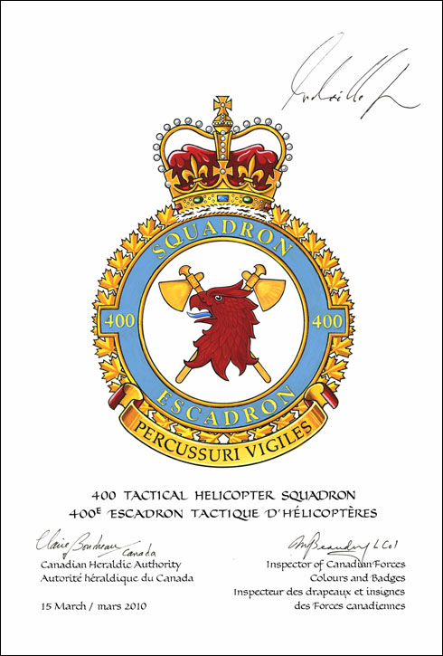 Lettres patentes confirmant le blasonnement de l'insigne du 400e Escadron tactique d'hélicoptère