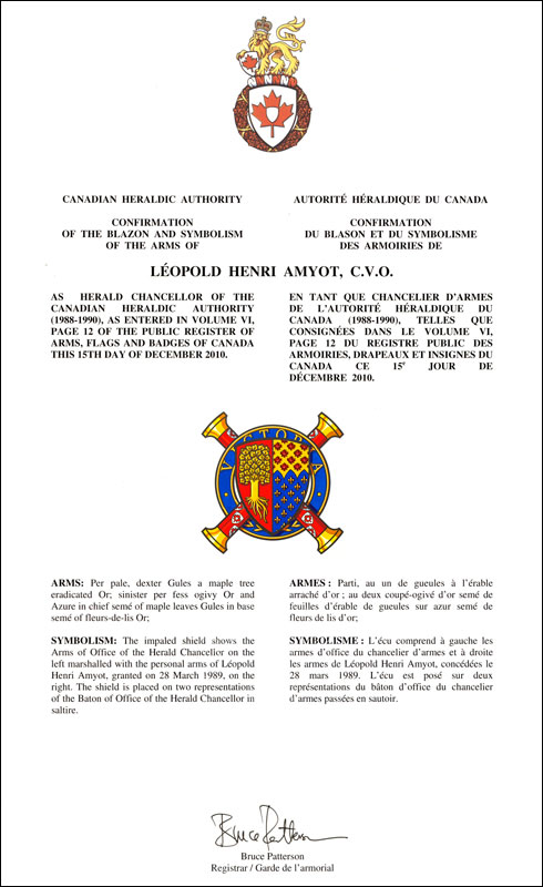 Lettres patentes confirmant les armoiries parties d’office de Léopold Henri Amyot en tant que chancelier d'armes