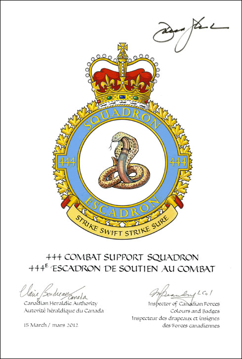 Lettres patentes confirmant le blasonnement de l'insigne du 444 Escadron de soutien au combat