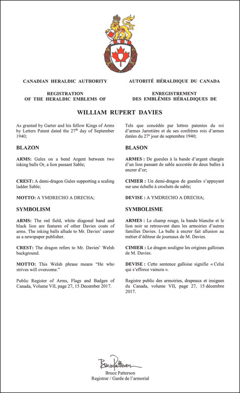 Letters patent registering the heraldic emblems of William Rupert Davies