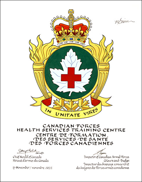 Lettres patentes approuvant les emblèmes héraldiques du Centre d’instruction des services de santé des Forces canadiennes