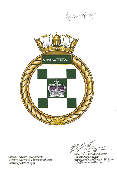 Lettres patentes approuvant l'insigne du NCSM Charlottetown