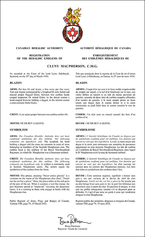 Letters patent registering the heraldic emblems of Cluny Macpherson