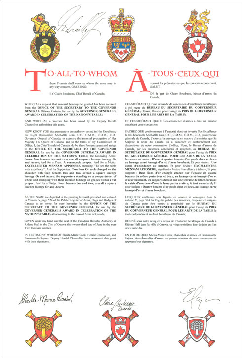 Letters patent granting heraldic emblems for the use of the Governor General award in celebration of the Nation'sTable