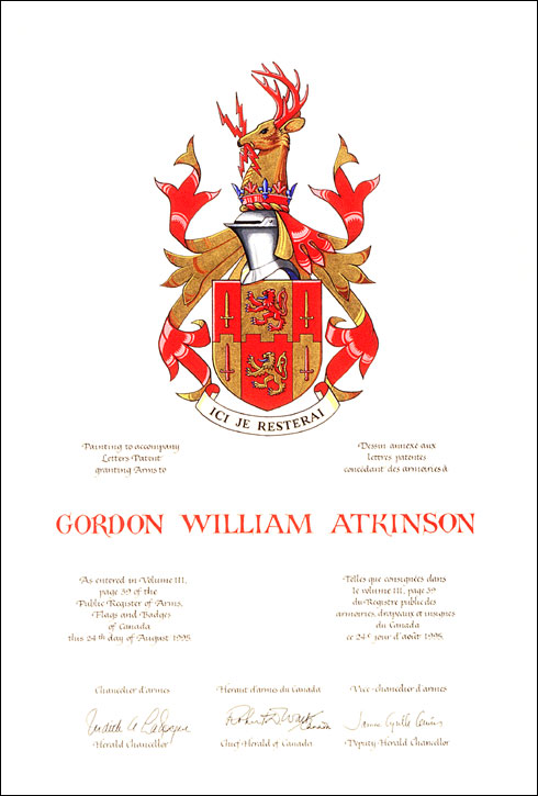 Letters patent granting Armorial Bearing to Gordon William Atkinson