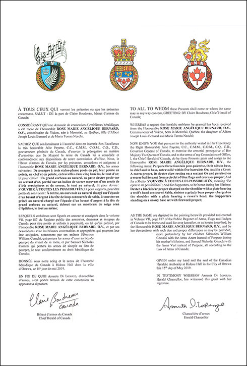 Letters patent granting heraldic emblems to Rose Marie Angélique Bernard