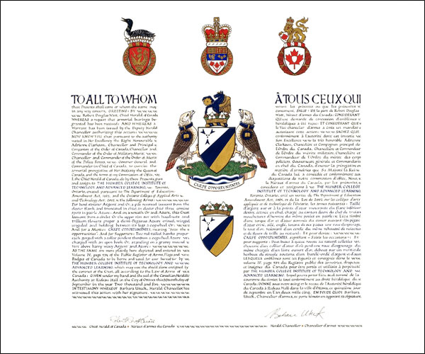 Letters patent granting Arms and Supporters to The Humber College Institute of Technology and Advanced Learning