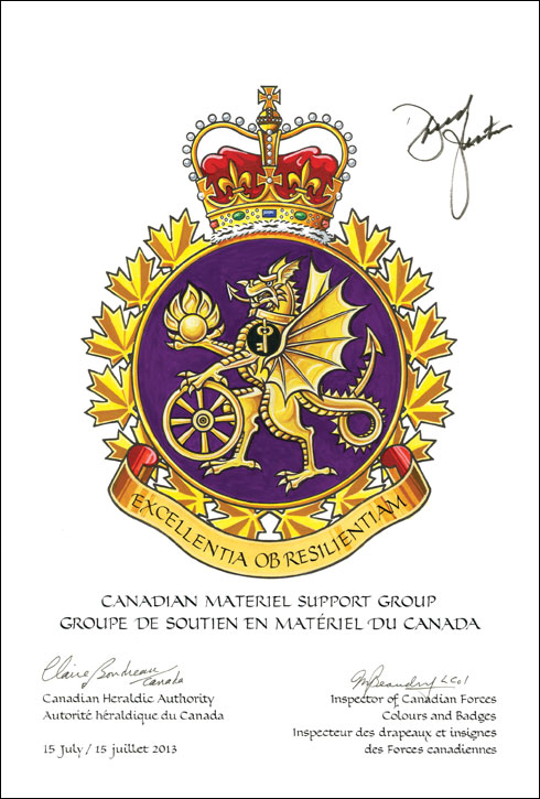 Letters patent approving the Badge of the Canadian Materiel Support Group