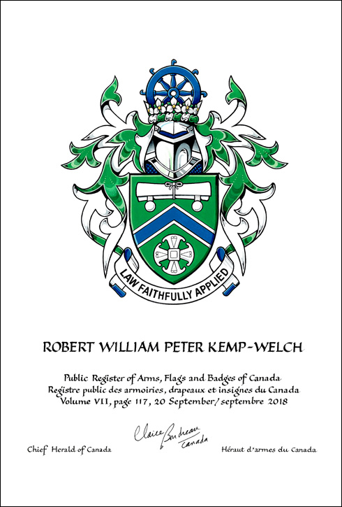 Letters patent granting heraldic emblems to Robert William Peter Kemp-Welch