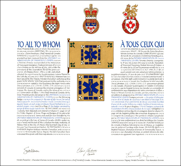Letters patent granting heraldic emblems to the Ontario Association of Paramedic Chiefs