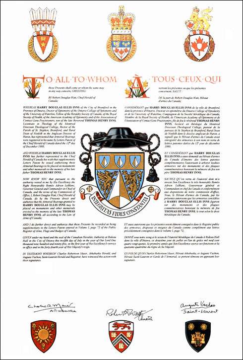 Letters patent confirming the Right of Harry Douglas Ellis Inns to display Arms in memory of the late Thomas Henry Inns