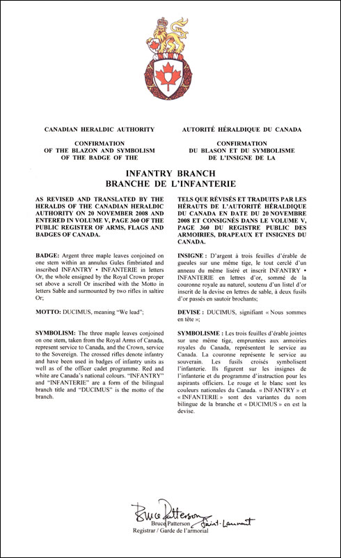 Lettres patentes confirmant le blasonnement de l'insigne de la Branche de l’infanterie