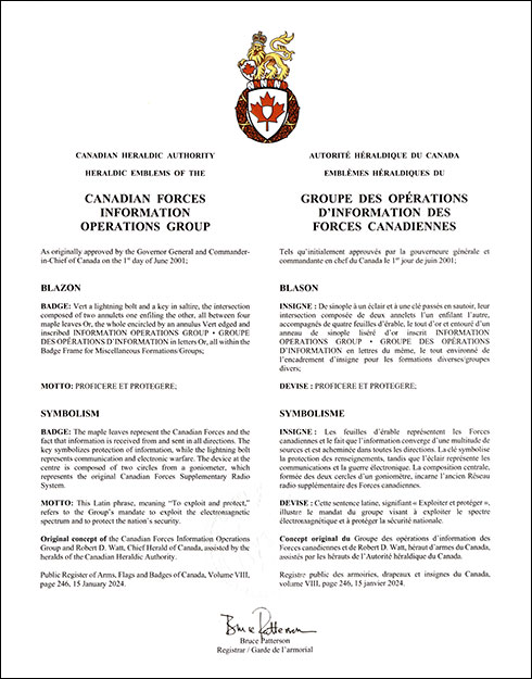 Lettres patentes confirmant l'insigne du Groupe des opérations d'information des Forces canadiennes