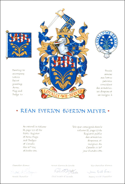 Letters patent granting heraldic emblems to Rean Everton Egerton Meyer