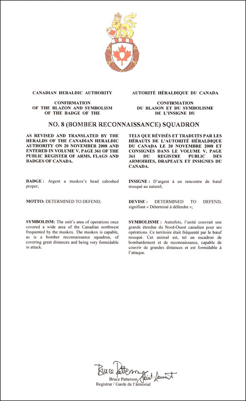 Lettres patentes confirmant le blasonnement de l'insigne du No. 8 (Bomber Reconnaissance) Squadron