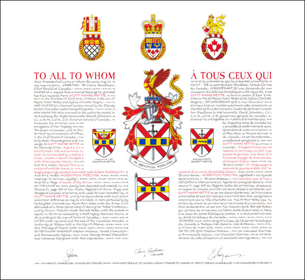 Letters patent granting heraldic emblems to Scott Wayne Nettie