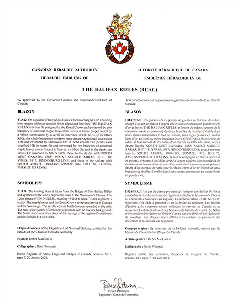 Letters patent approving the heraldic emblems of The Halifax Rifles (RCAC)