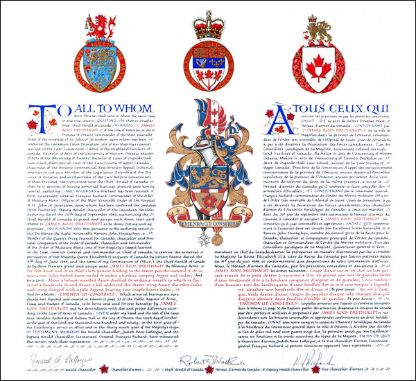 Lettres patentes concédant des emblèmes héraldiques à James Roos Breithaupt