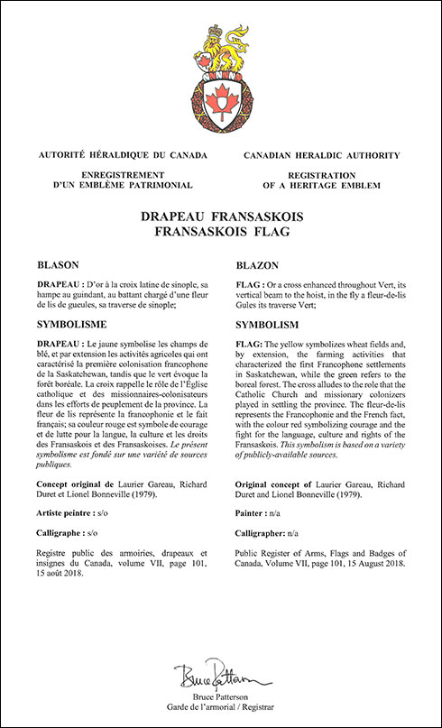 Letters patent registering the Fransaskois Flag