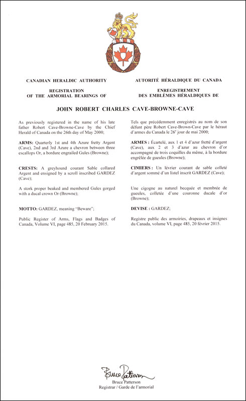 Letters patent registering the heraldic emblems of John Robert Charles Cave-Browne-Cave