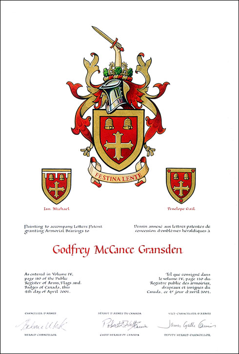 Lettres patentes concédant des emblèmes héraldiques à Godfrey McCance Gransden
