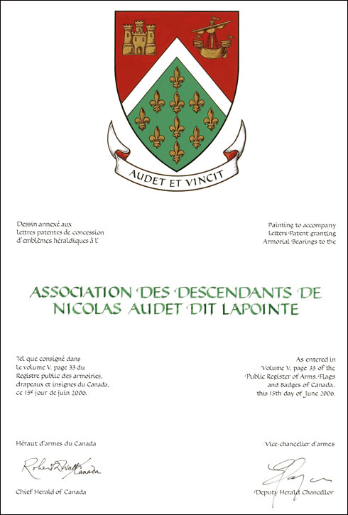 Lettres patentes concédant des emblèmes héraldiques à l'Association des descendants de Nicolas Audet dit Lapointe