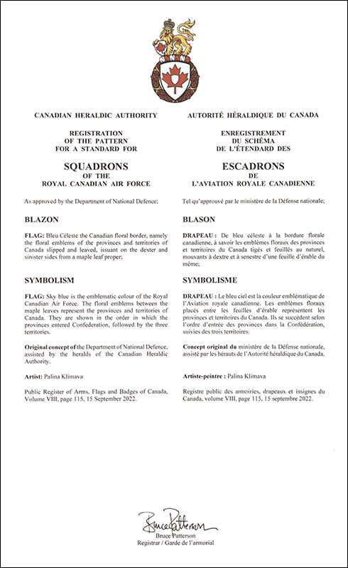 Letters patent registering the flag pattern for squadrons of the Royal Canadian Air Force