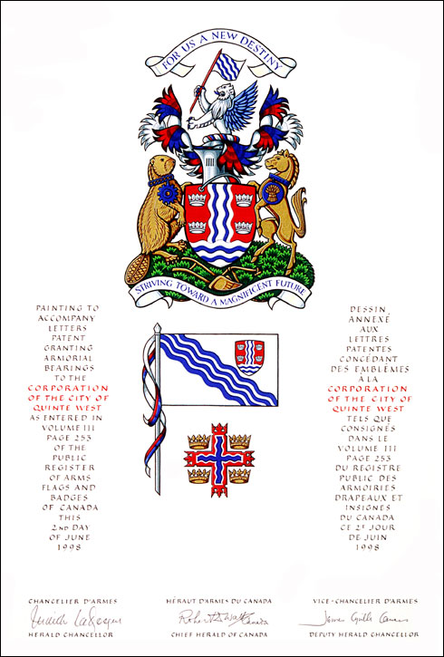Letters patent granting heraldic emblems to the Corporation of the City of Quinte West