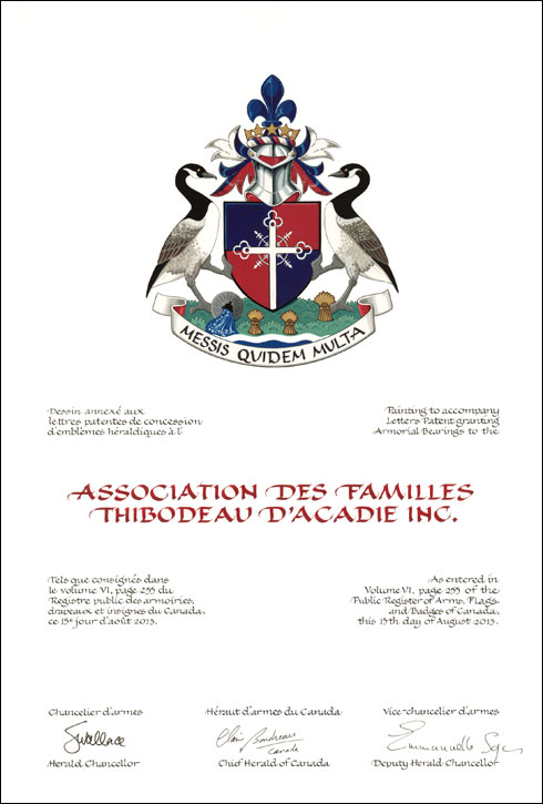 Letters patent granting heraldic emblems to the Association des familles Thibodeau d'Acadie Inc.