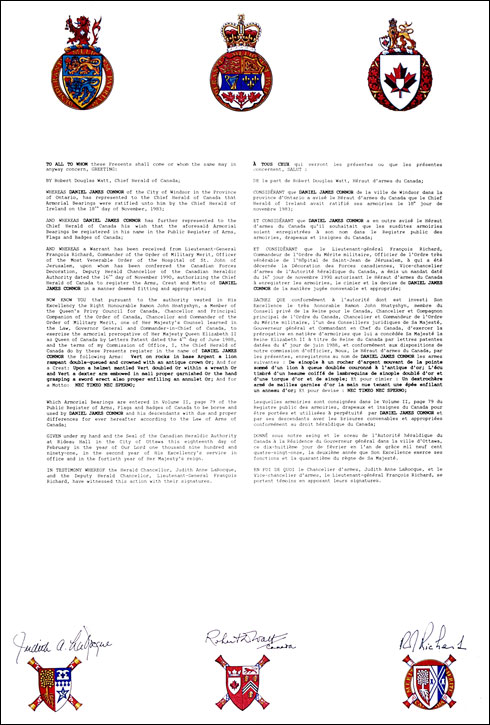 Lettres patentes enregistrant les emblèmes héraldiques de Daniel James Connor
