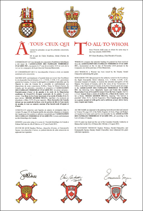 Letters patent granting heraldic emblems to the Association des familles Thibodeau d'Acadie Inc.