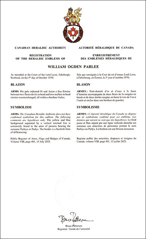 Letters patent registering the heraldic emblems of William Ogden Parlee
