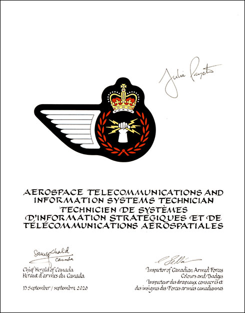 Letters patent approving the heraldic emblems of Aerospace Telecommunications and Information Systems Technician of the Royal Canadian Air Force