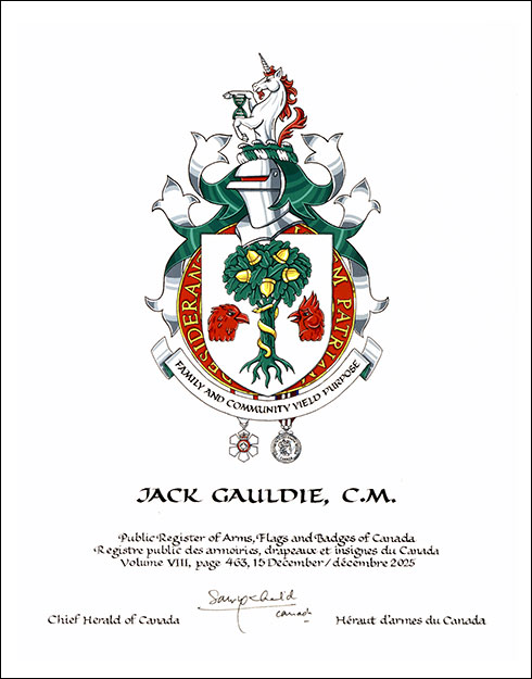 Lettres patentes concédant des emblèmes héraldiques à Jack Gauldie