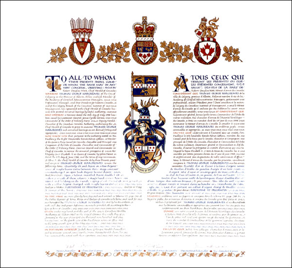 Letters patent granting heraldic emblems to Thomas George Hargreaves