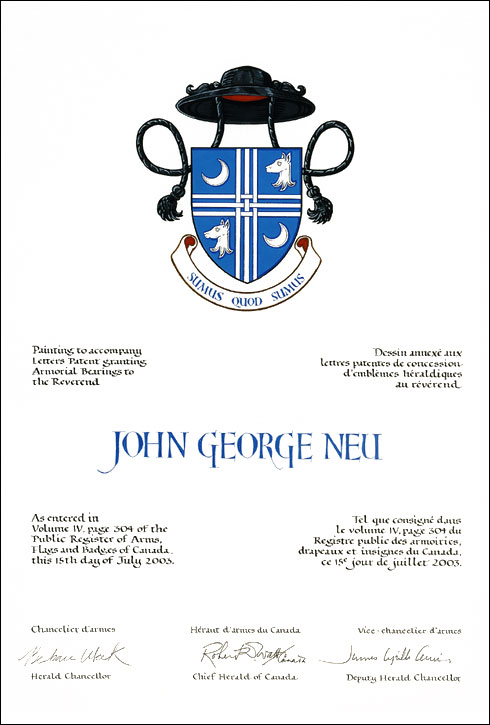 Letters patent granting heraldic emblems to John George Neu