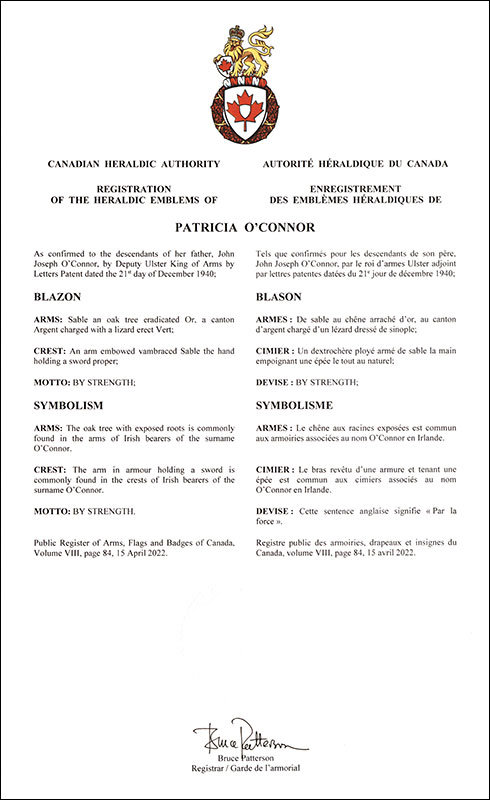 Lettres patentes enregistrant les emblèmes héraldiques de Patricia O’Connor