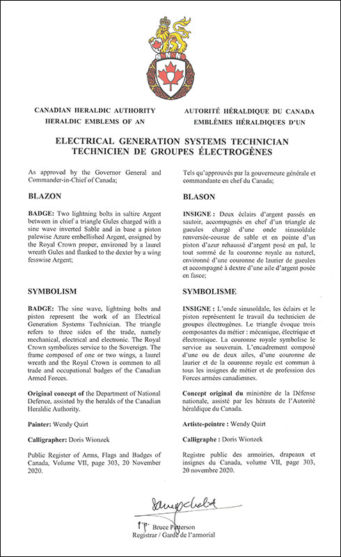 Lettres patentesapprouvant les emblèmes héraldiques du Technicien de groupes électrogènes de l’Aviation royale canadienne