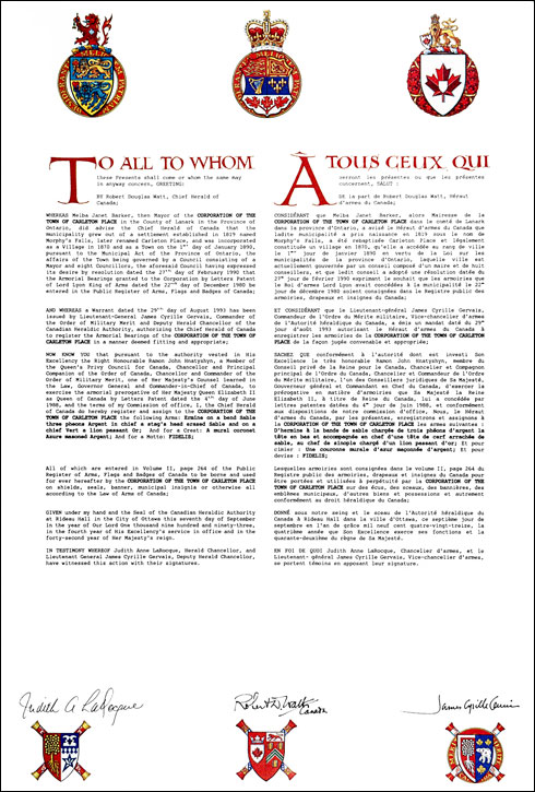Letters patent registering the heraldic emblems of the Corporation of the Town of Carleton Place