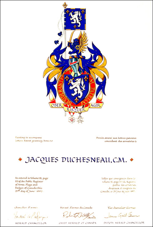 Letters patent granting heraldic emblems to Jacques Duchesneau