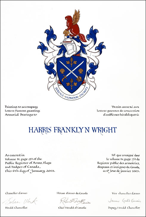 Letters patent granting heraldic emblems to Harris Franklyn Wright