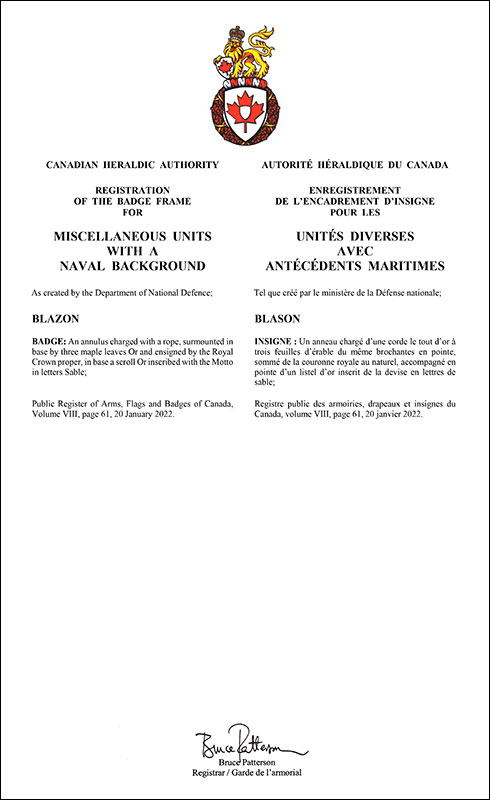 Letters patent registering the badge frame for Miscellaneous Units with a Naval Background of the Canadian Armed Forces
