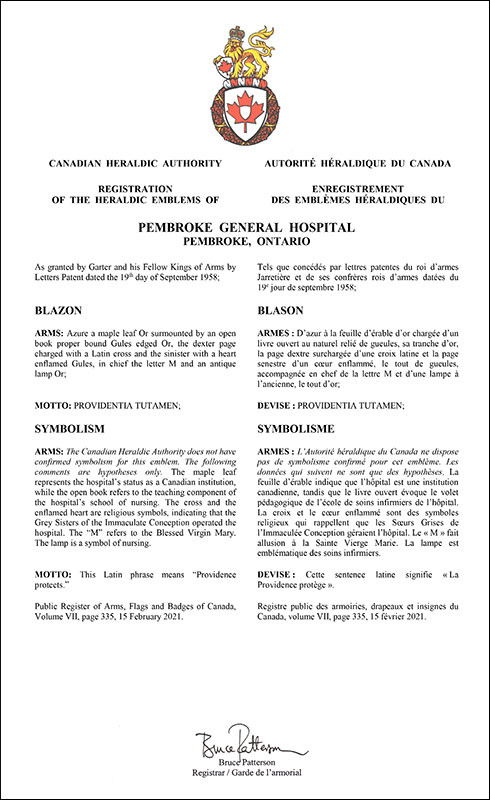 Lettres patentes enregistrant les emblèmes héraldiques du Pembroke General Hospital