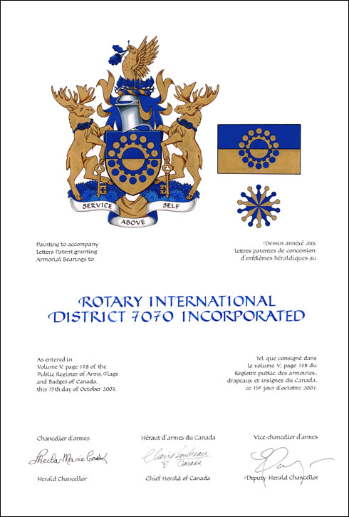 Letters patent granting heraldic emblems to Rotary International District 7070 Incorporated