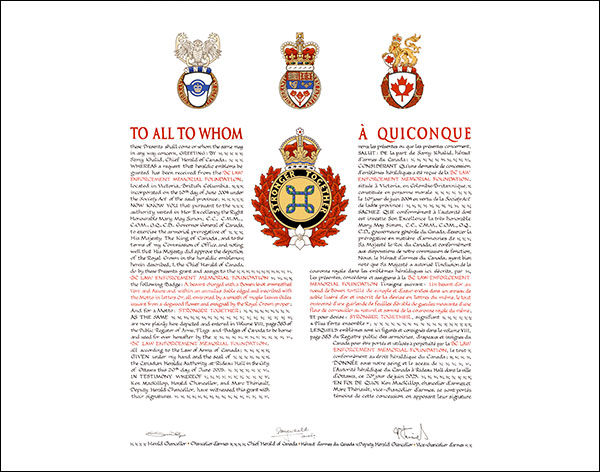 Lettres patentes concédant des emblèmes héraldiques à la BC Law Enforcement Memorial Foundation