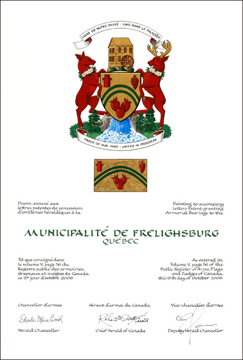 Lettres patentes concédant des emblèmes héraldiques à la  Municipalité de Frelighsburg