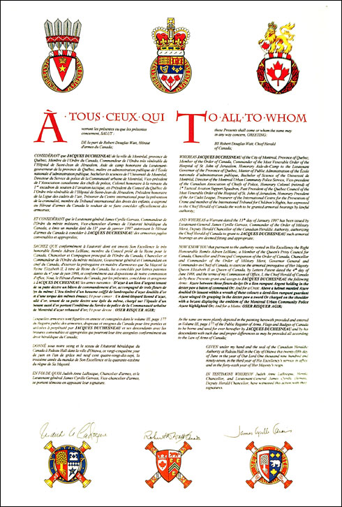 Letters patent granting heraldic emblems to Jacques Duchesneau