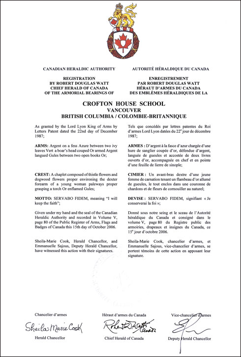 Letters patent registering the heraldic emblems of Crofton House School