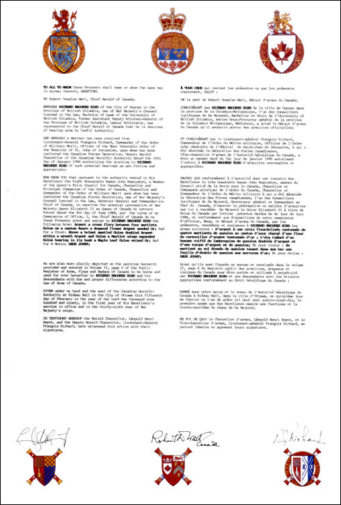 Letters patent granting heraldic emblems to Richard Brookes Bird